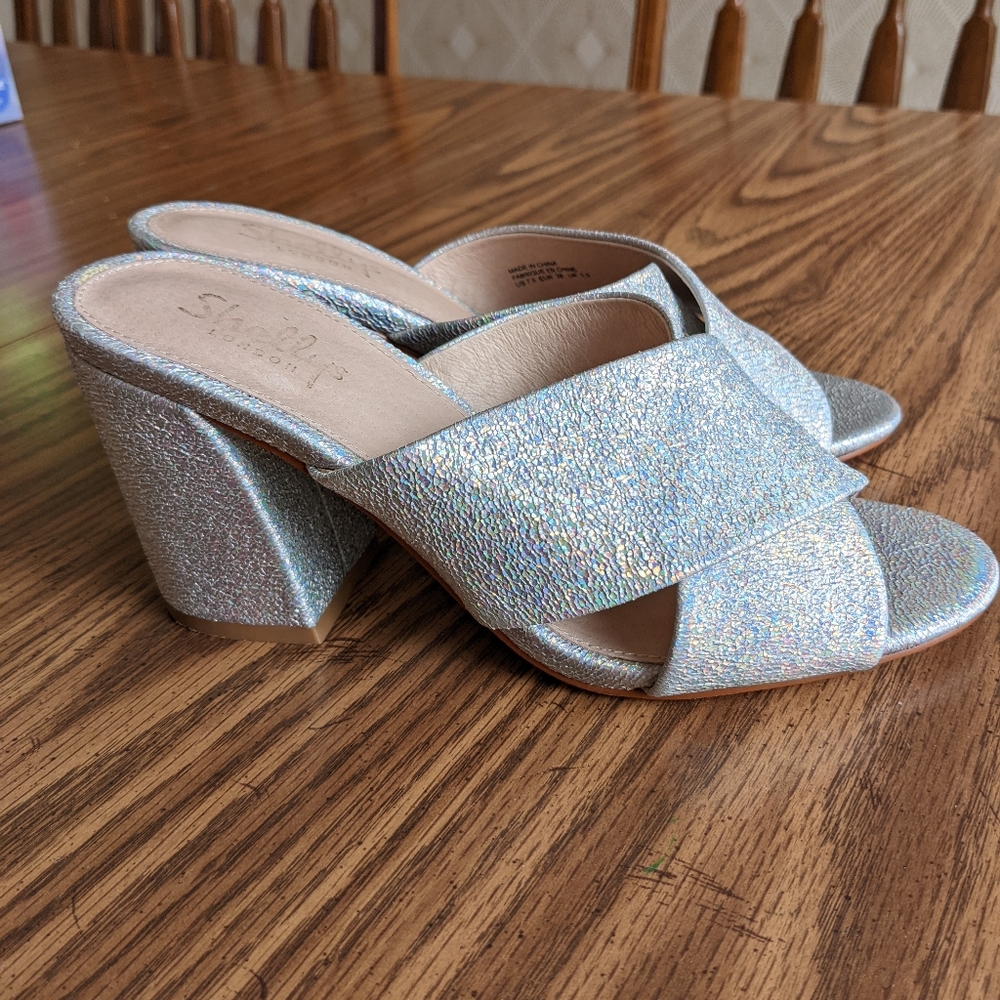 Shellys London iridescent mule slide block heel sandal size 7.5